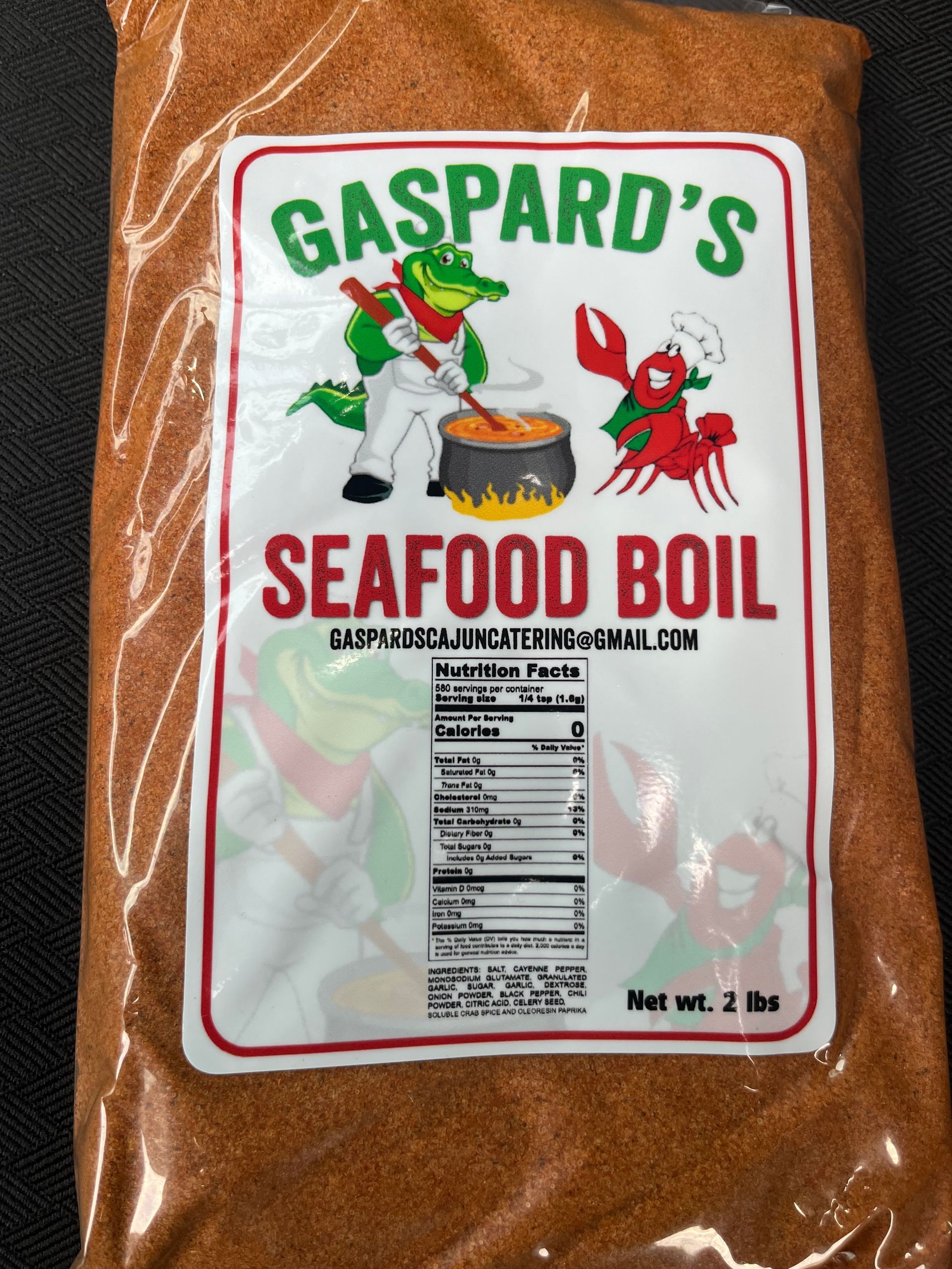 A bag of gaspard 's seafood boil sits on a table