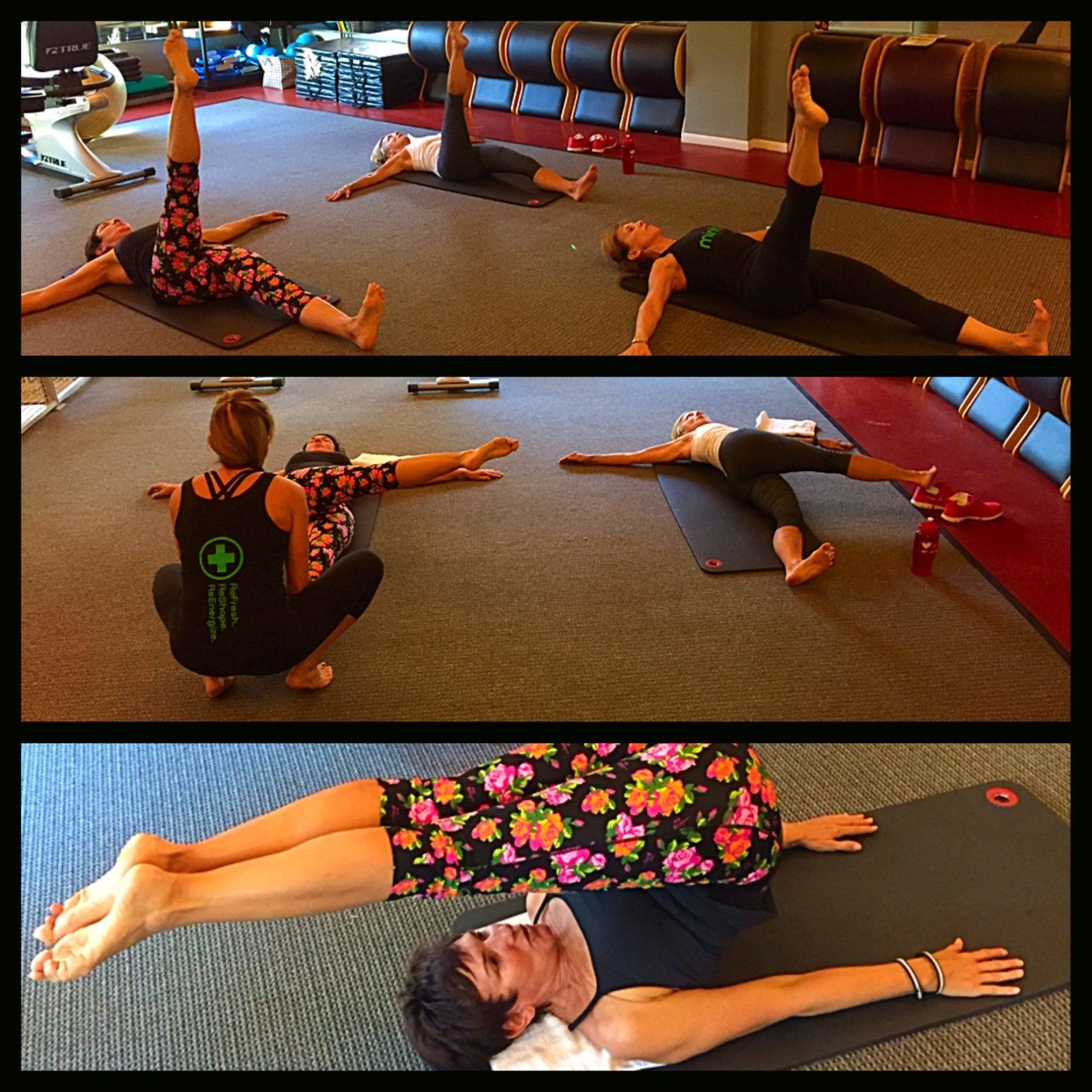 A group of women are doing yoga in a gym