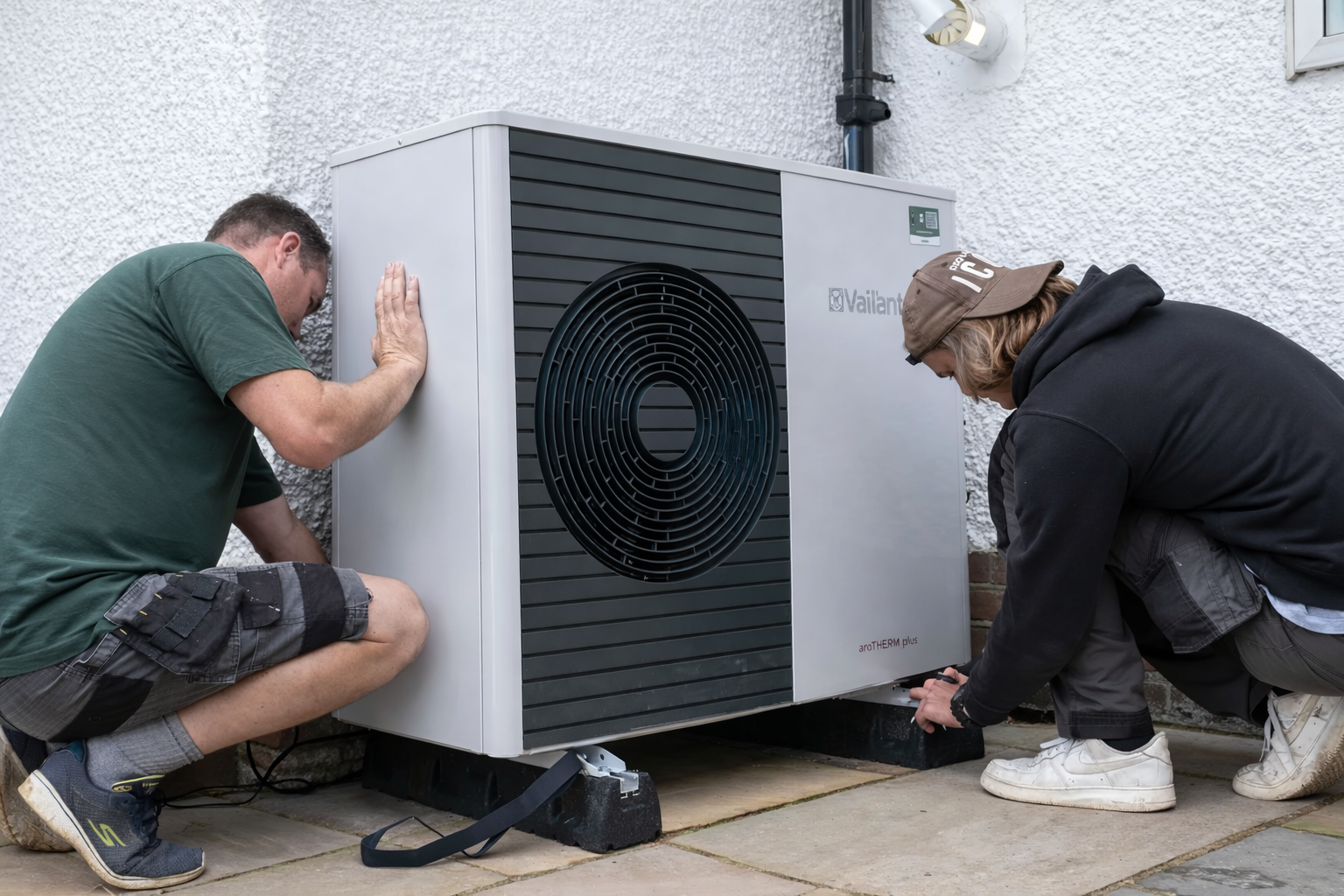 Two technicians install a grey air source heat pump unit on a patio.