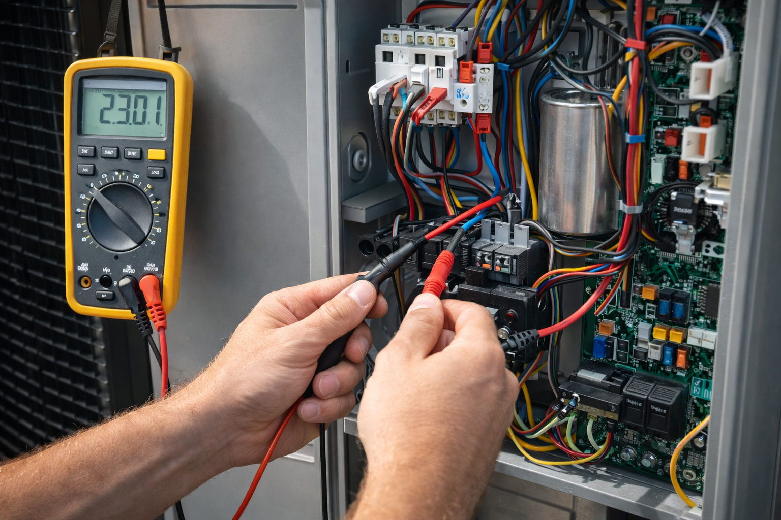 A technician using a yellow digital multimeter to test the electrical wiring inside an industrial HVAC unit.