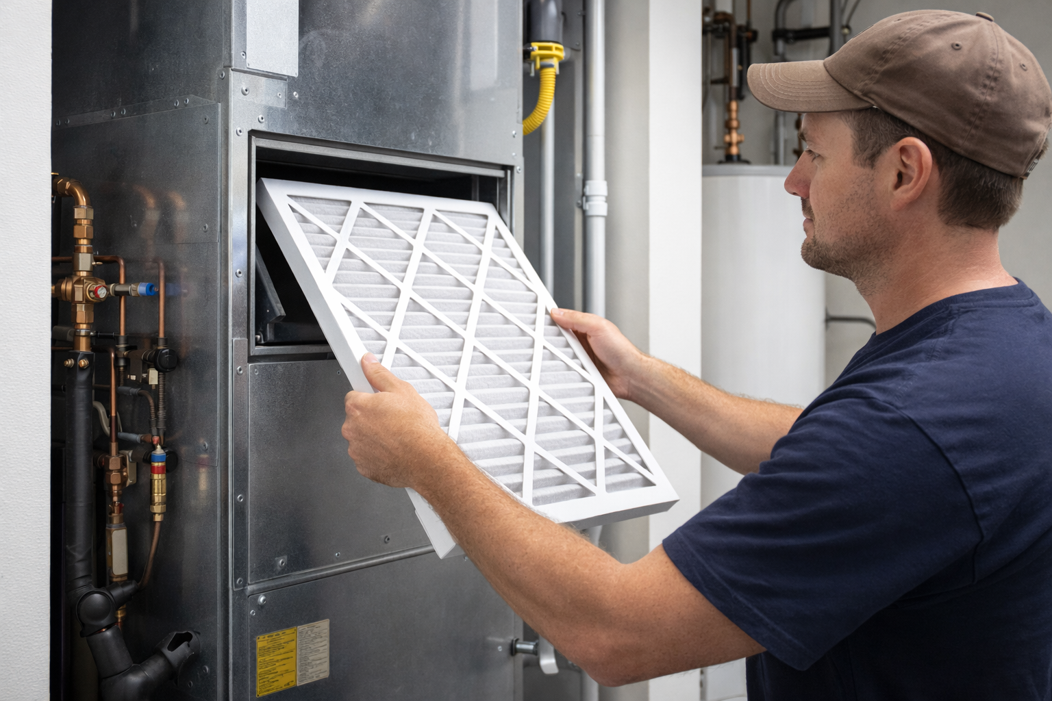 A person wearing a cap and blue shirt inserts a pleated air filter into a metal furnace unit in a utility room.
