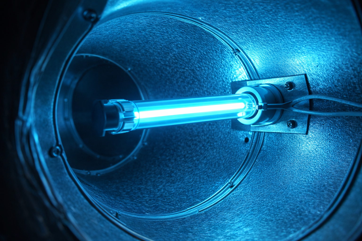 A bright blue ultraviolet germicidal lamp installed inside a cylindrical metal HVAC duct.