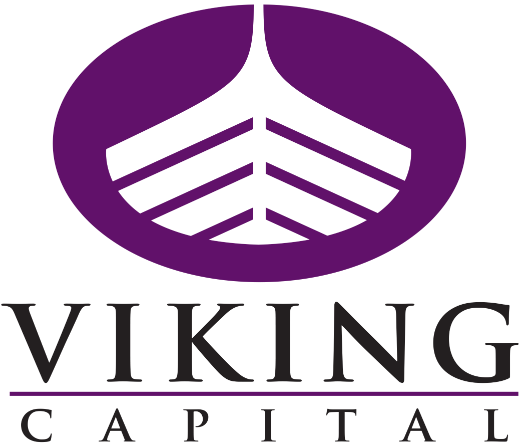 A purple and white logo for viking capital