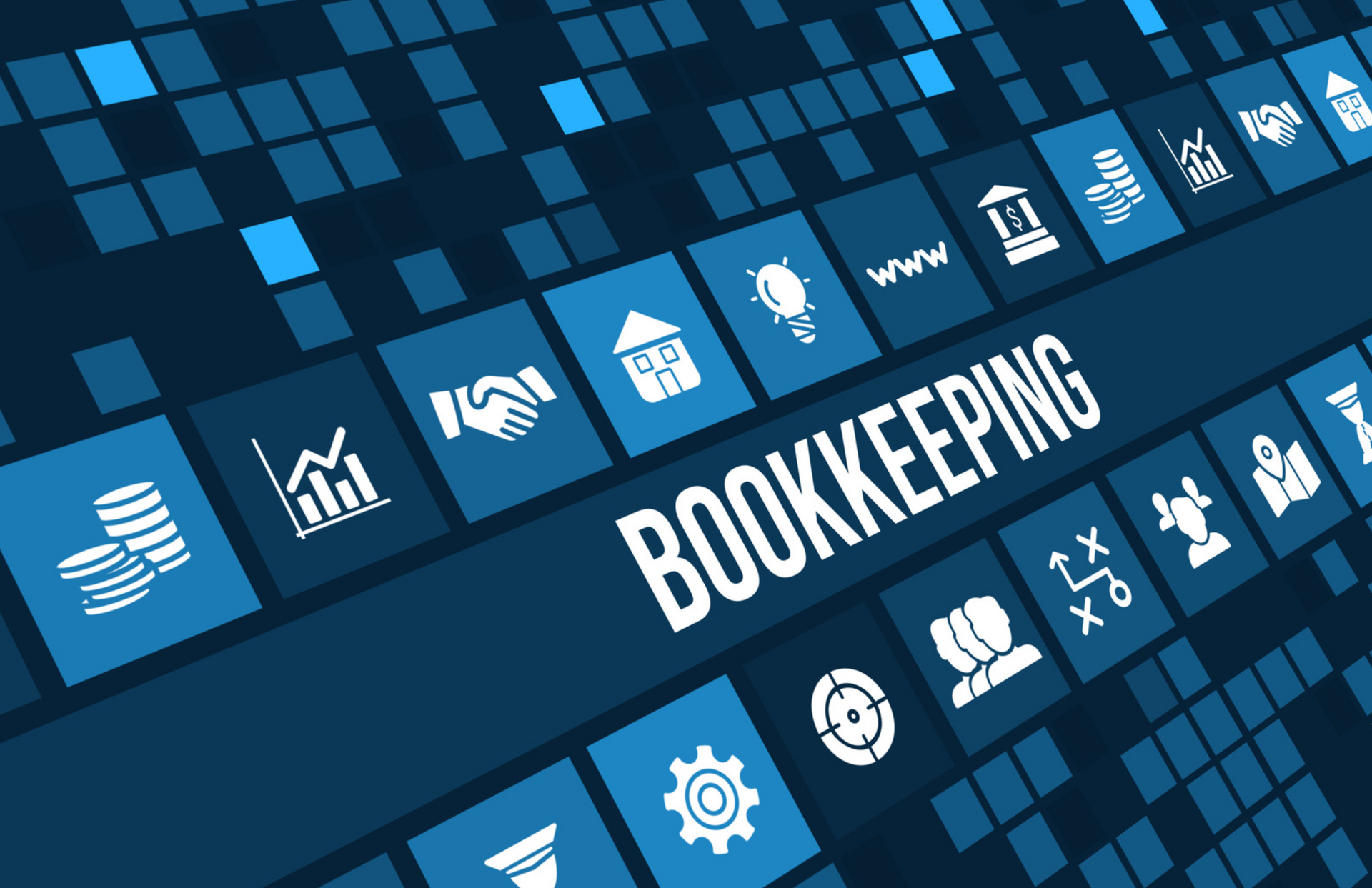 The word bookkeeping is surrounded by icons on a blue background.