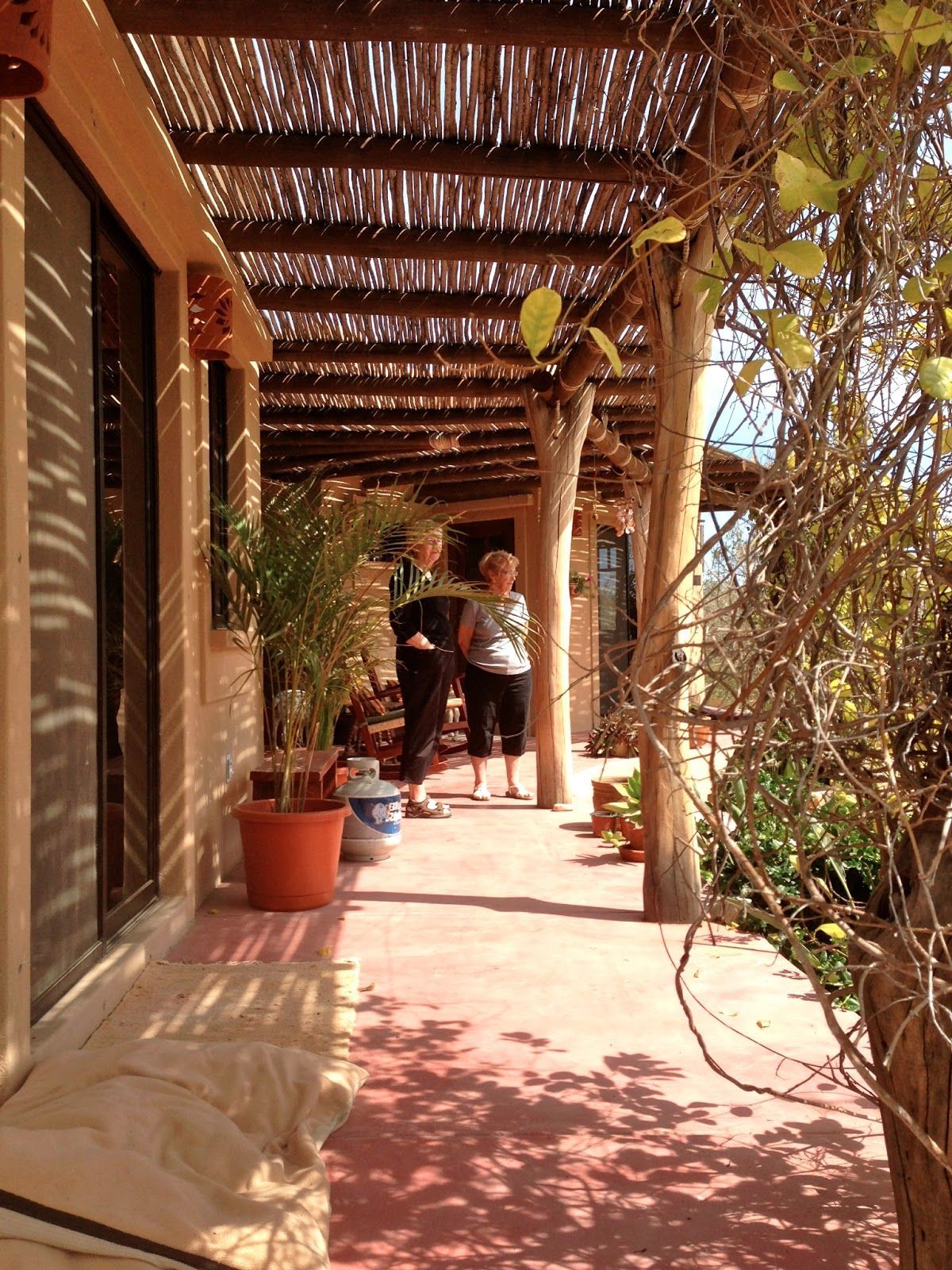 Two women are standing on a porch talking to each other