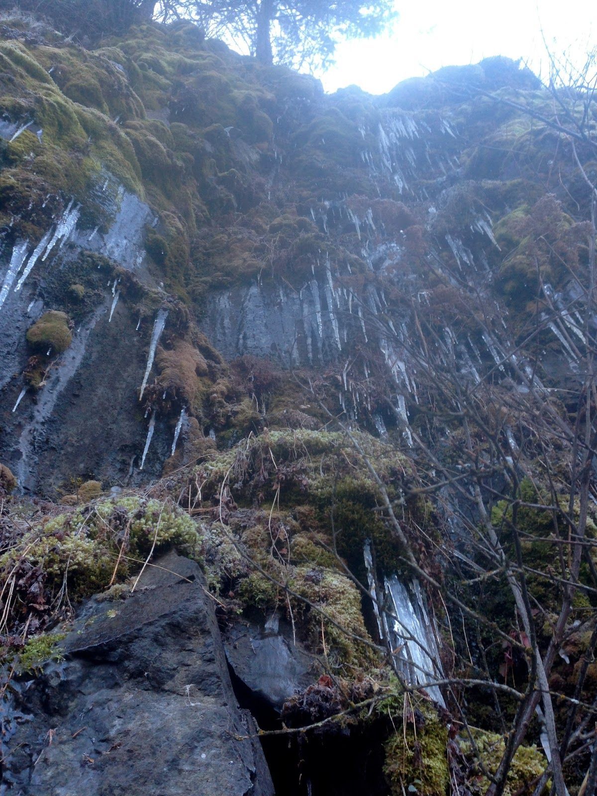 A waterfall is surrounded by rocks and moss.