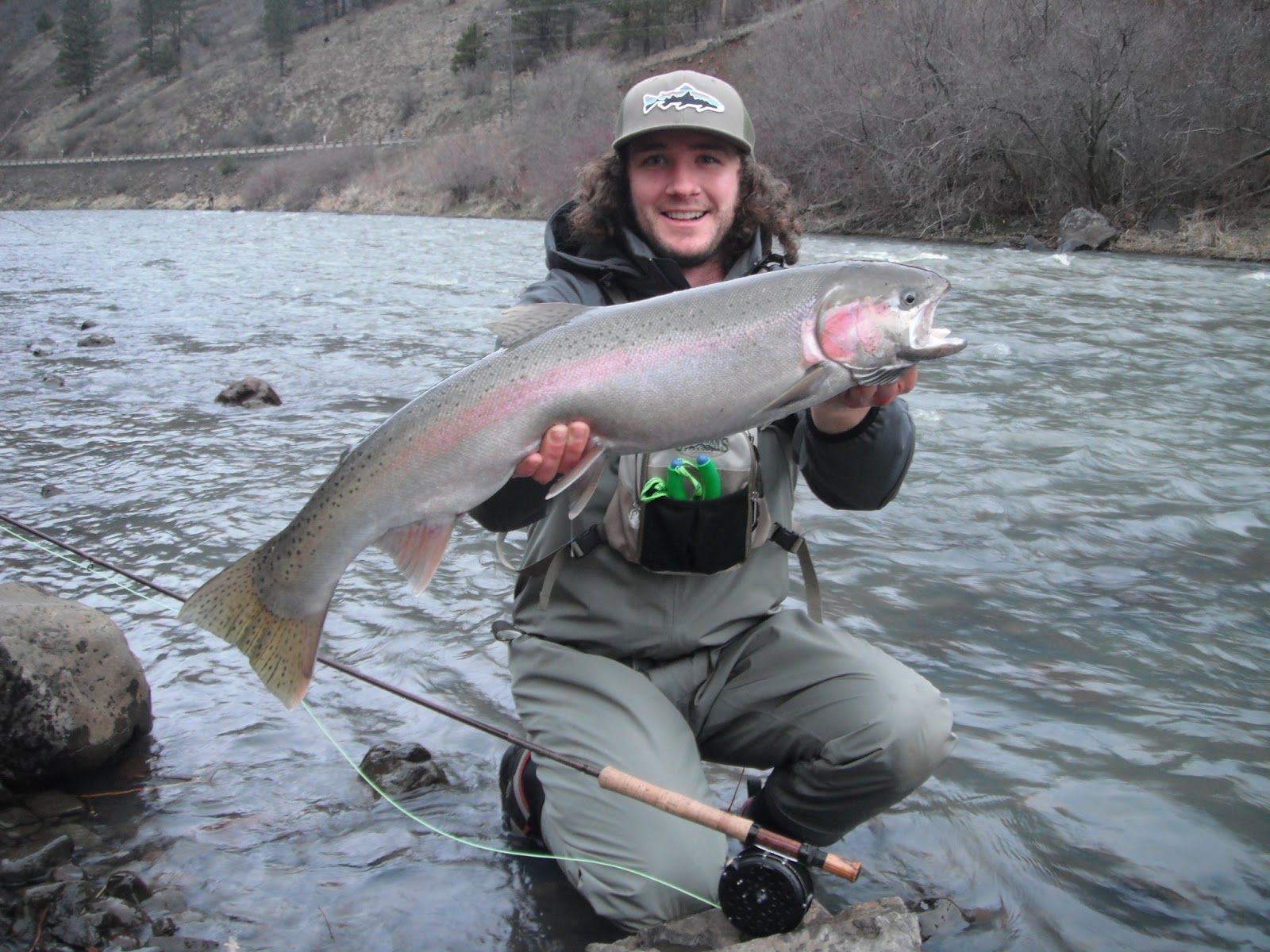 A man is kneeling in the water holding a large fish.