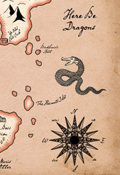 A map with a dragon on it and the words here be dragons