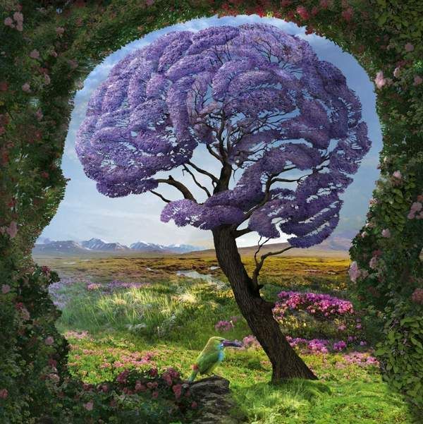 A painting of a tree in the shape of a brain
