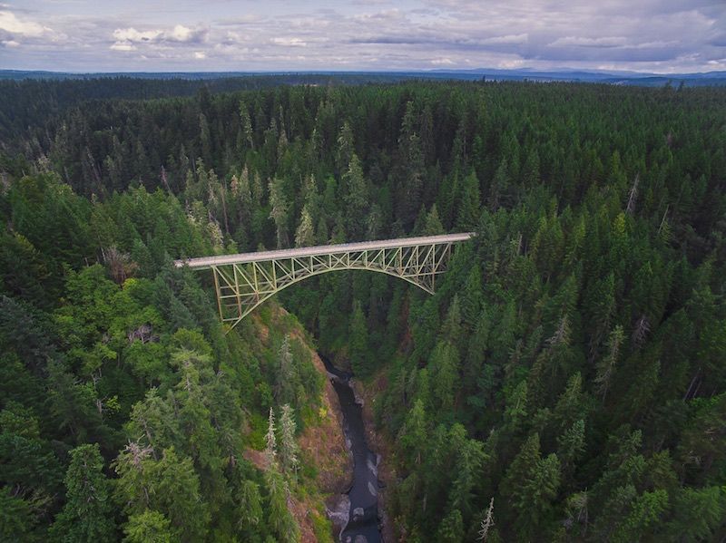 An aerial view of a bridge over a river in the middle of a forest.