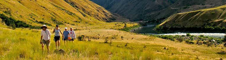 People Walking Through a Grassy Field in The Mountains