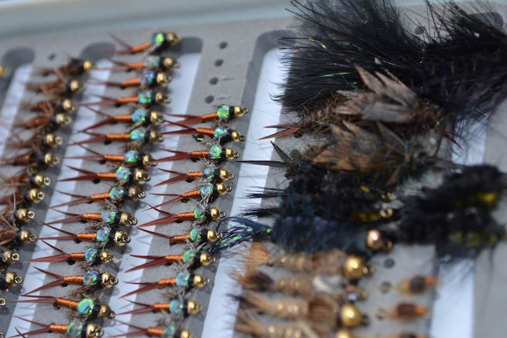 A box filled with a variety of fly fishing flies