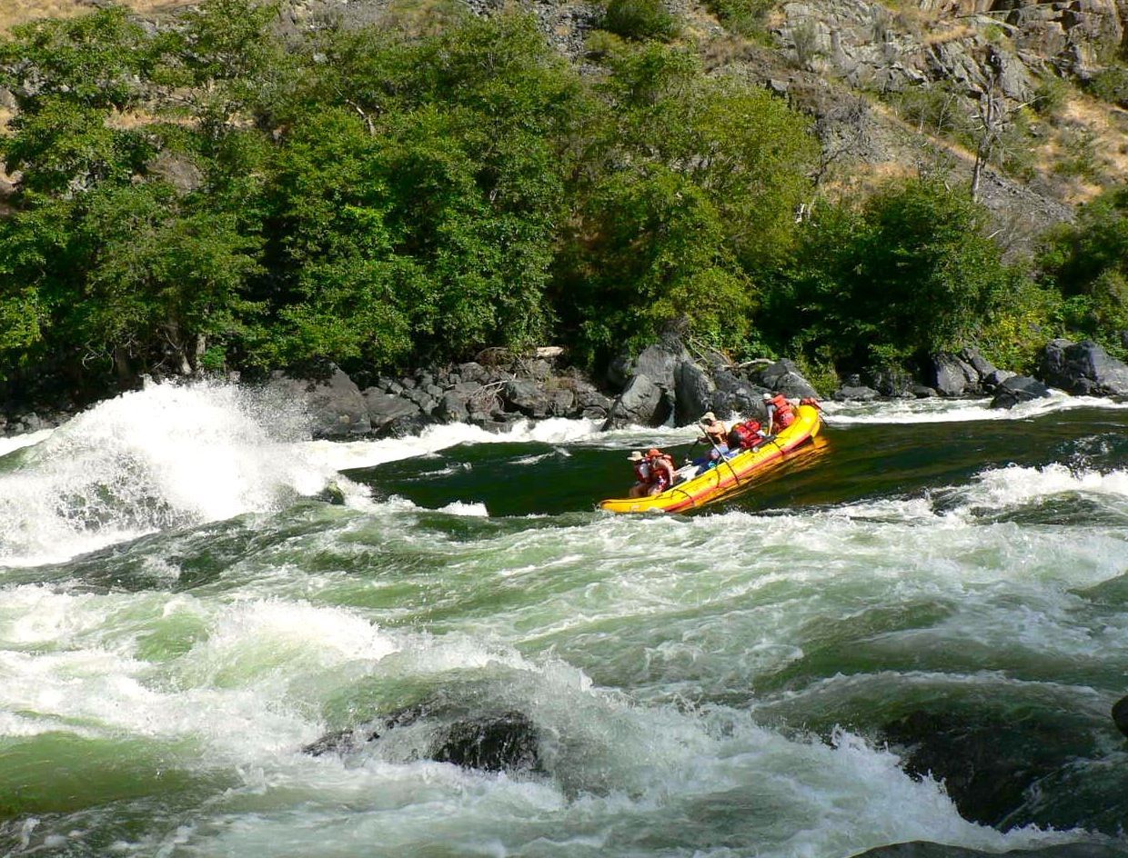 A group of people are rafting down a river