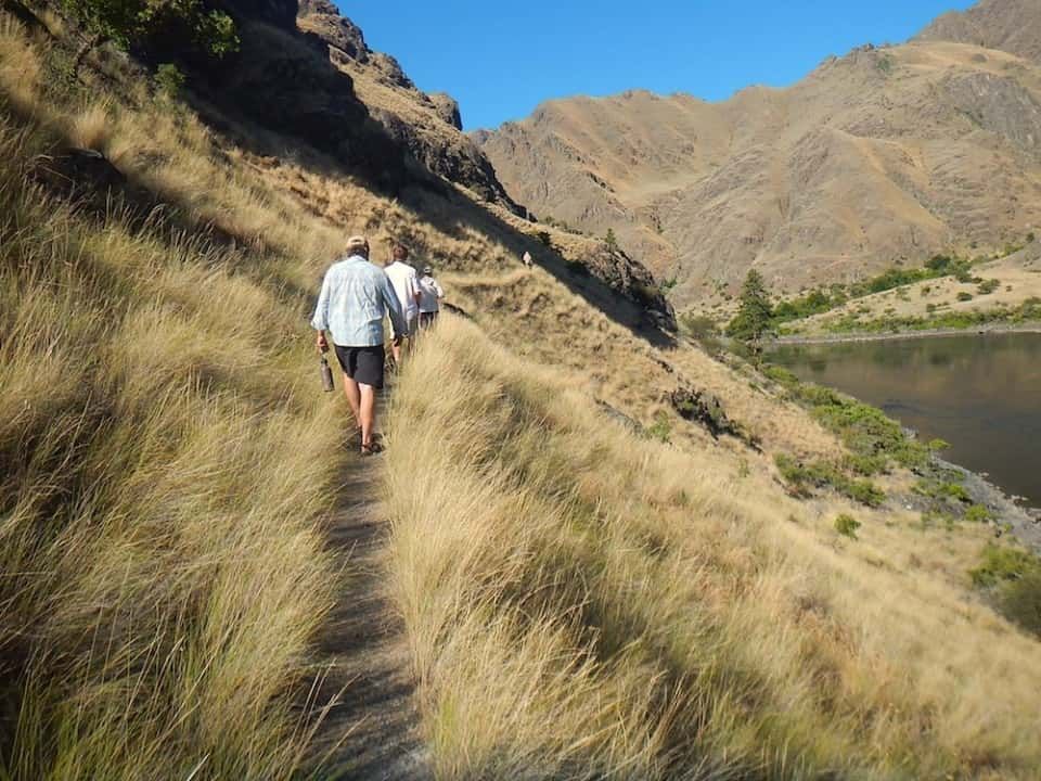 Group of People Walking Down a Trail in The Mountains