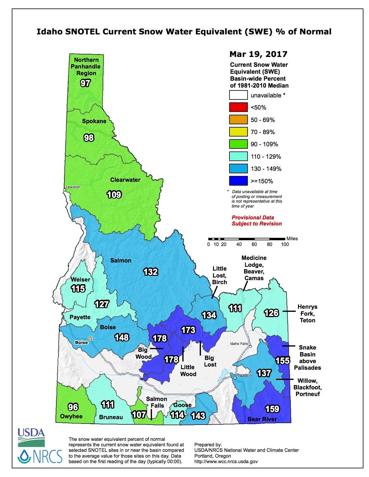 A map of idaho showing the current amount of water