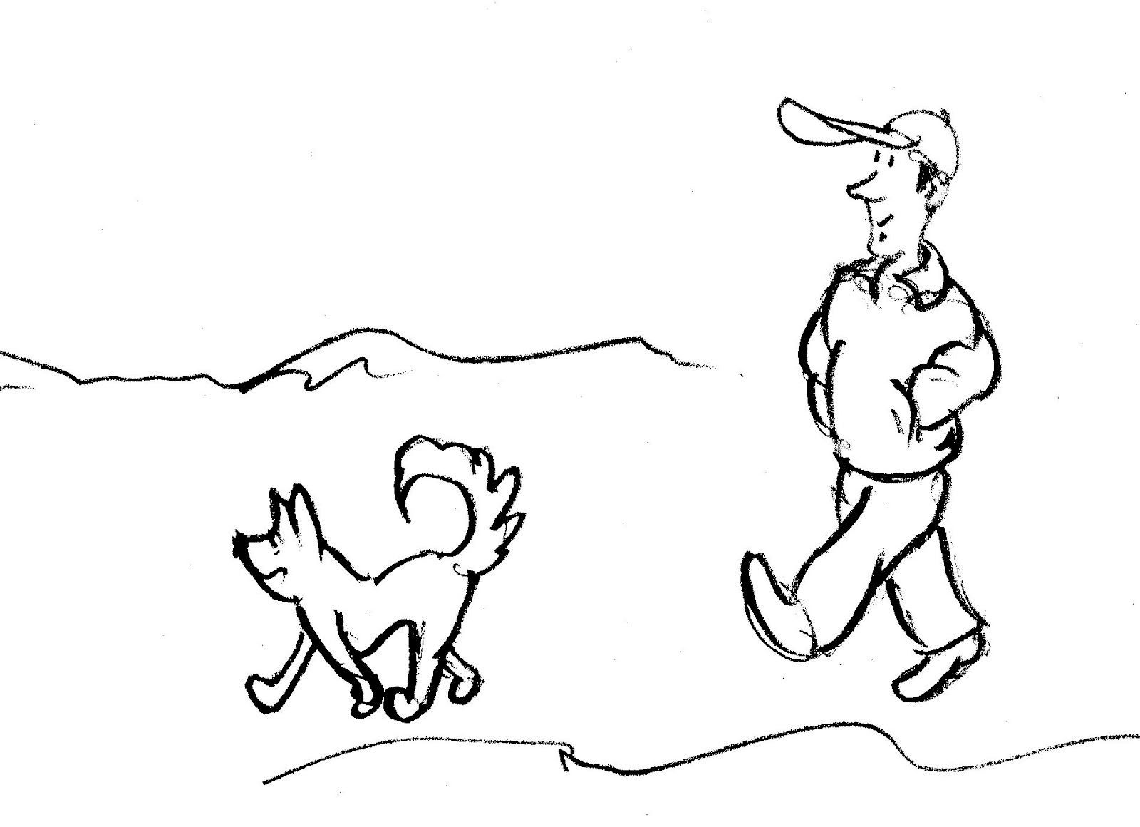 A black and white drawing of a man walking a dog