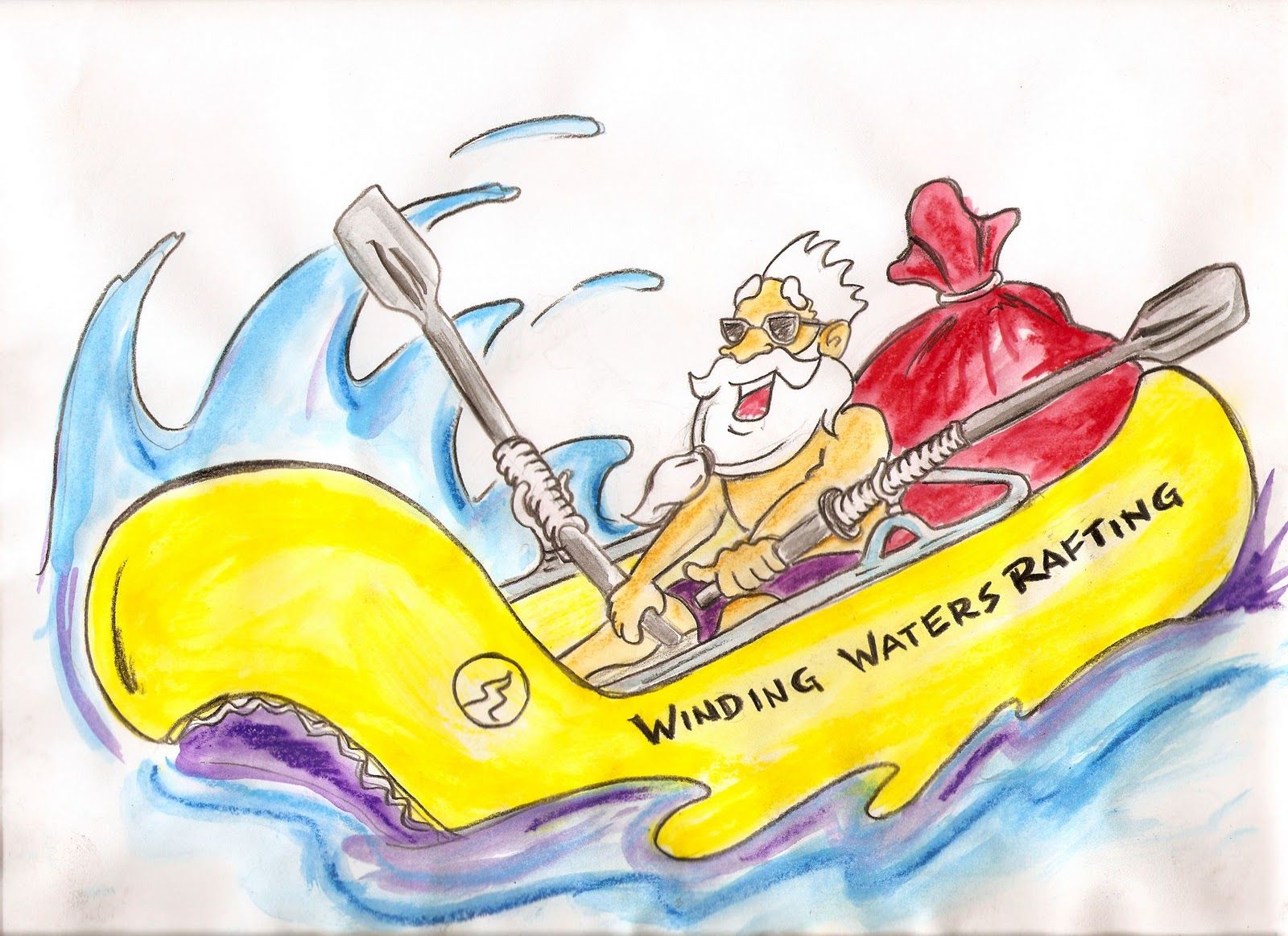 A cartoon of a man in a raft that says winding waters rafting