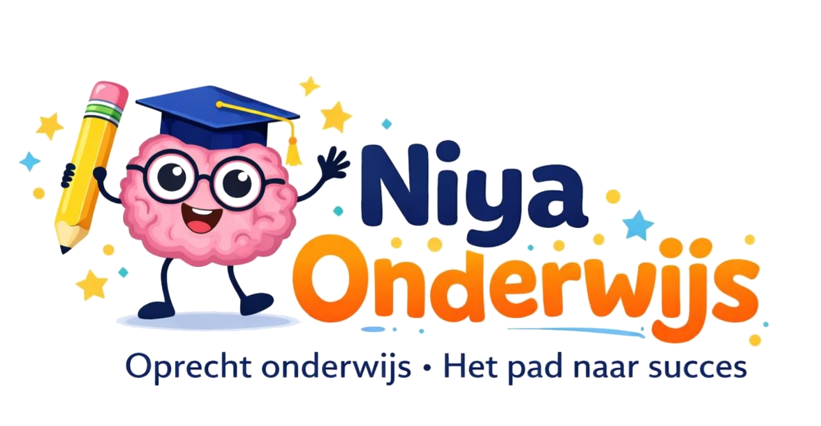 Cartoonfiguur van een brein met een bril en een afstudeerhoedje, die een potlood vasthoudt, met de tekst "Niya Onderwijs".