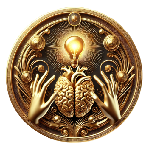 Illuminated Mind – A golden emblem featuring a brain with a glowing lightbulb above it, surrounded by ornate patterns and two reaching hands, symbolizing intelligence, innovation, and visionary thinking.