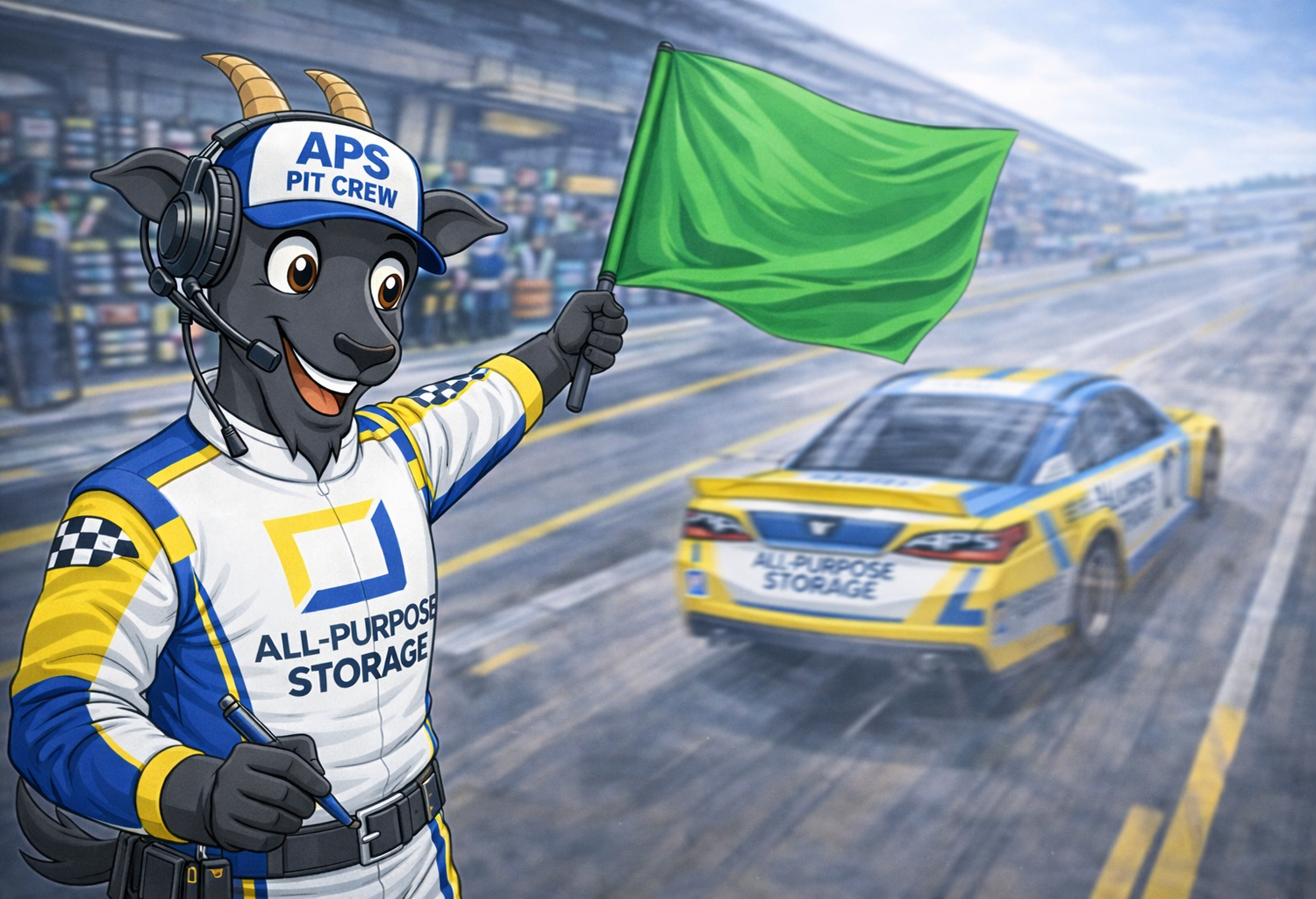 Goat mascot in pit crew uniform waving a green flag at a race track, car in background.