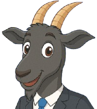 A cartoon illustration of a gray goat wearing a suit and smiling. It has brown eyes and tan horns.