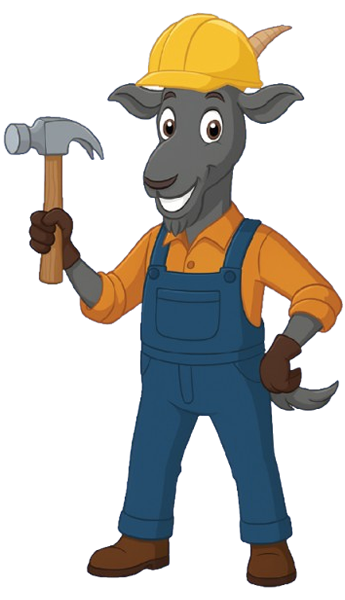 A cartoon goat wearing a hard hat, overalls, and work gloves holding a hammer, smiling.