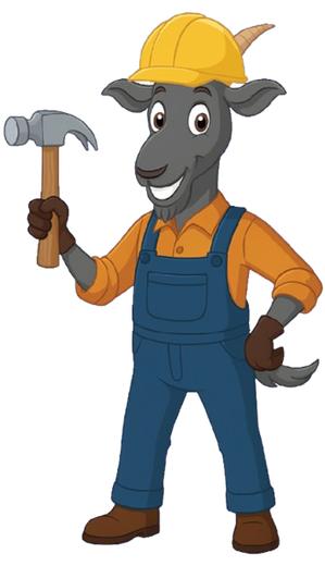 A cartoon goat wearing a hard hat, overalls, and work gloves holding a hammer, smiling.