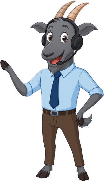 Cartoon goat wearing a headset, button-down shirt, and tie, gesturing with one hand as if presenting.