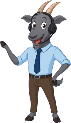 Cartoon goat wearing a headset, button-down shirt, and tie, gesturing with one hand as if presenting.
