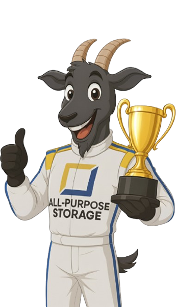 Goat mascot holding trophy, giving thumbs up, wearing racing suit for All-Purpose Storage.