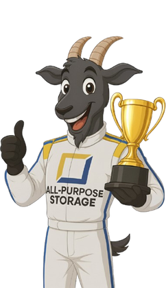Goat mascot holding trophy, giving thumbs up, wearing racing suit for All-Purpose Storage.