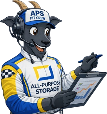 Goat mascot in racing attire holding clipboard, wearing headset; 