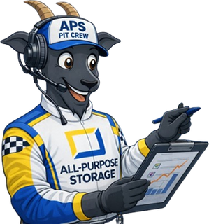 Goat mascot in racing attire holding clipboard, wearing headset;