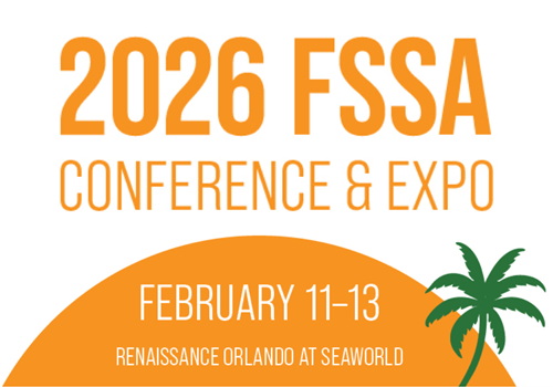 Orange text on white: 2026 FSSA Conference & Expo, Feb 11-13 at Renaissance Orlando at SeaWorld. Palm tree icon.