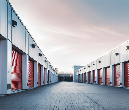 Exterior of a self-storage facility with rows of red storage unit doors under a blue sky.