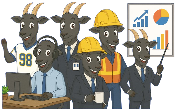 A group of cartoon goats in various work attire, including a sports jersey, business suits, and construction gear, with charts in the background.