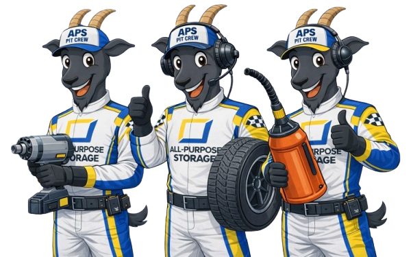 Three cartoon goats in racing suits, holding tools and tires with thumbs up.