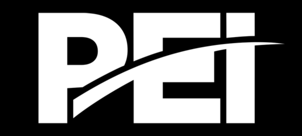 The logo for pei is white on a black background.