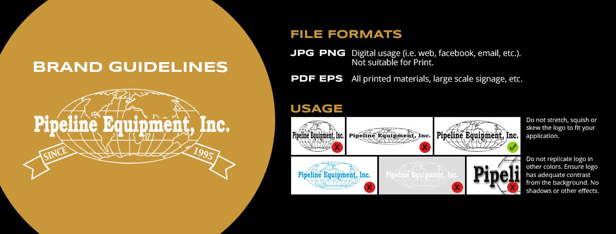 The brand guidelines for pipeline equipment inc. are shown