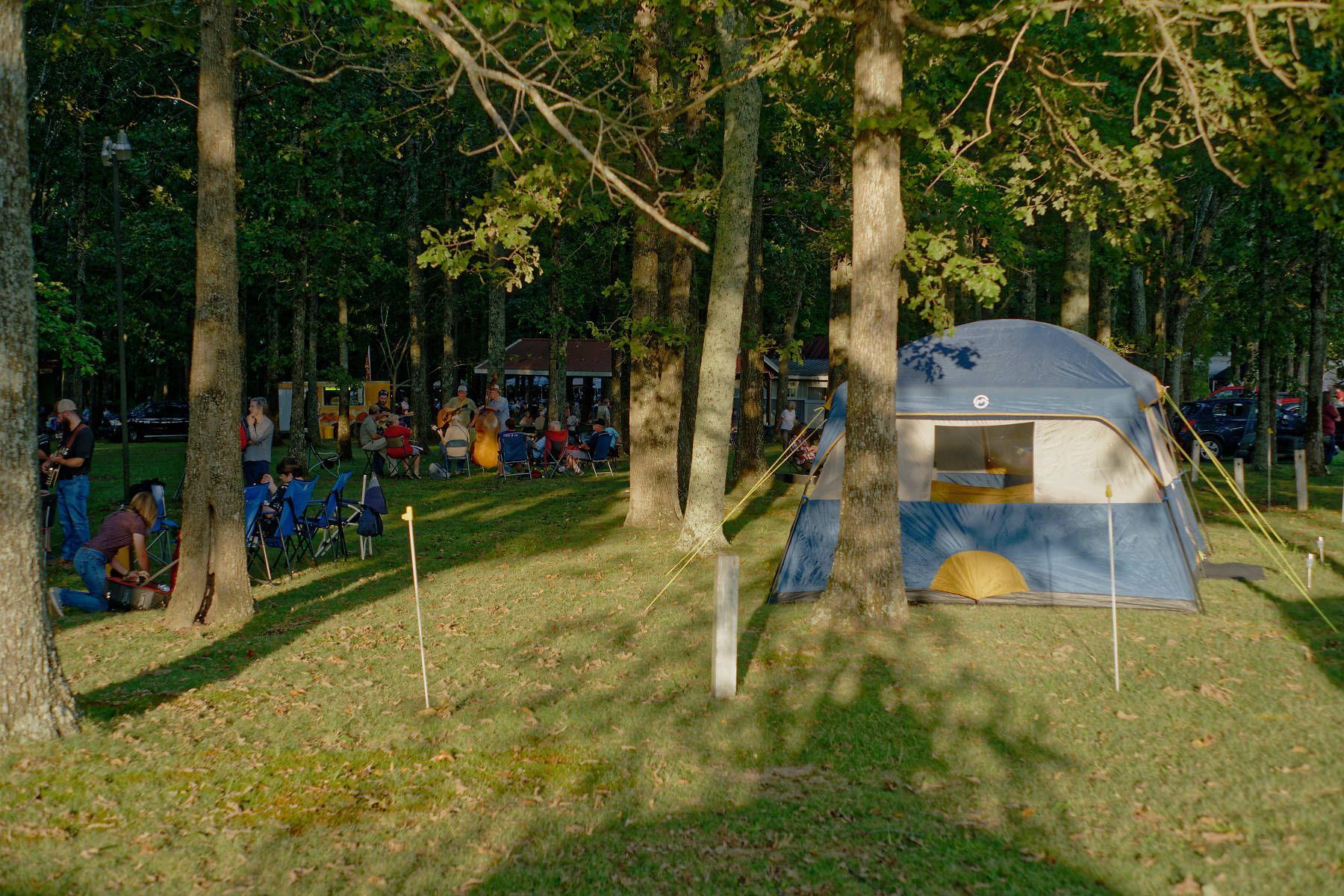 A tent is sitting in the middle of a grassy field surrounded by trees.