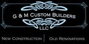 Logo for "G & M Custom Builders LLC" with light blue Celtic knot design and text on black background.