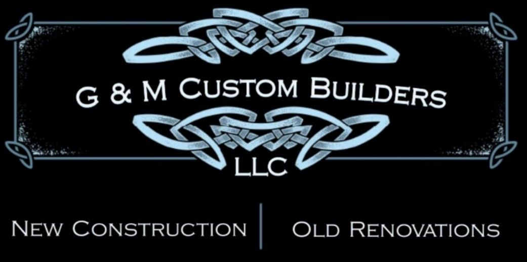 Logo for "G & M Custom Builders LLC" with light blue Celtic knot design and text on black background.