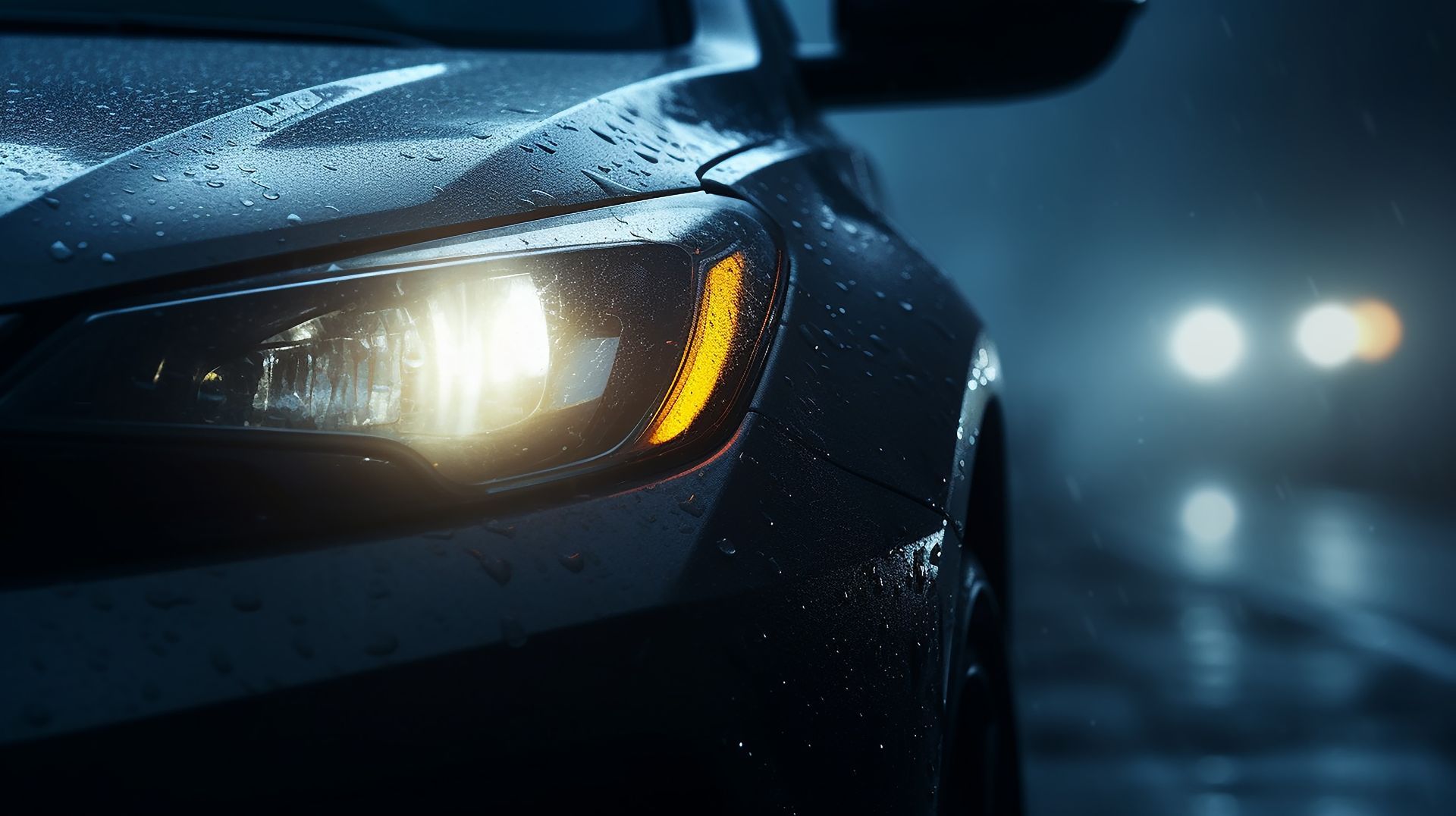 A close up of a car 's headlight in the rain at night.