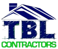 Logo for TBL Contractors featuring a house outline above the blue letters