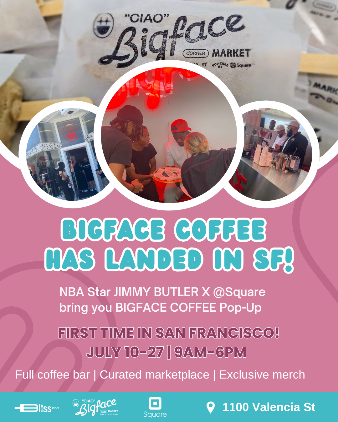 Poster for Bigface Coffee pop-up in SF, by Jimmy Butler, at 1100 Valencia St. July 10-27, 9am-5pm.