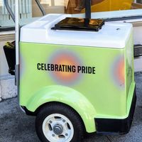 A green cart with the words celebrating pride on it