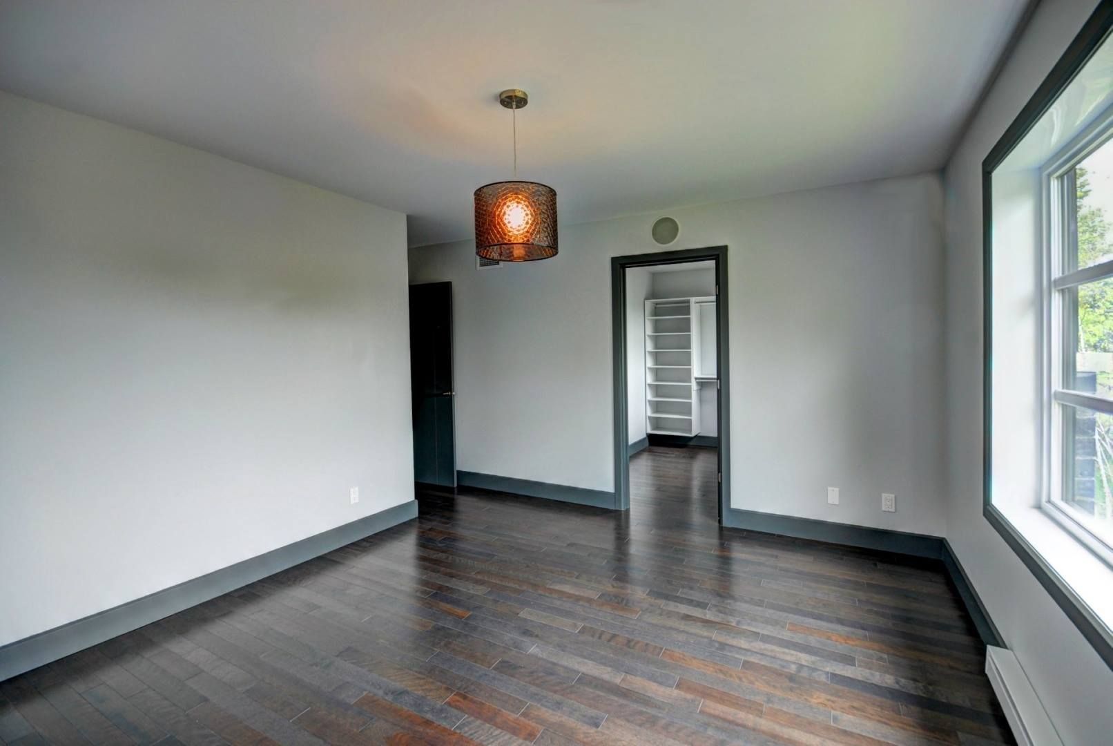 Pièce vide avec parquet foncé, murs gris et suspension. Une porte mène à un placard.