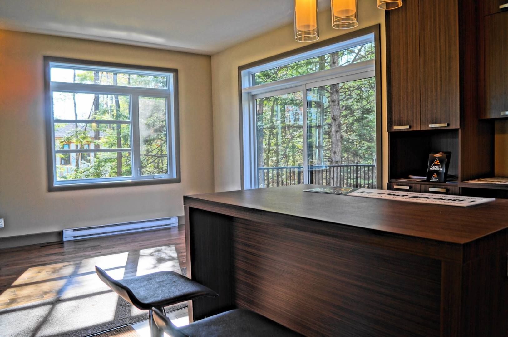 Cuisine avec comptoir et armoires en bois foncé, fenêtres donnant sur les arbres, chaise.