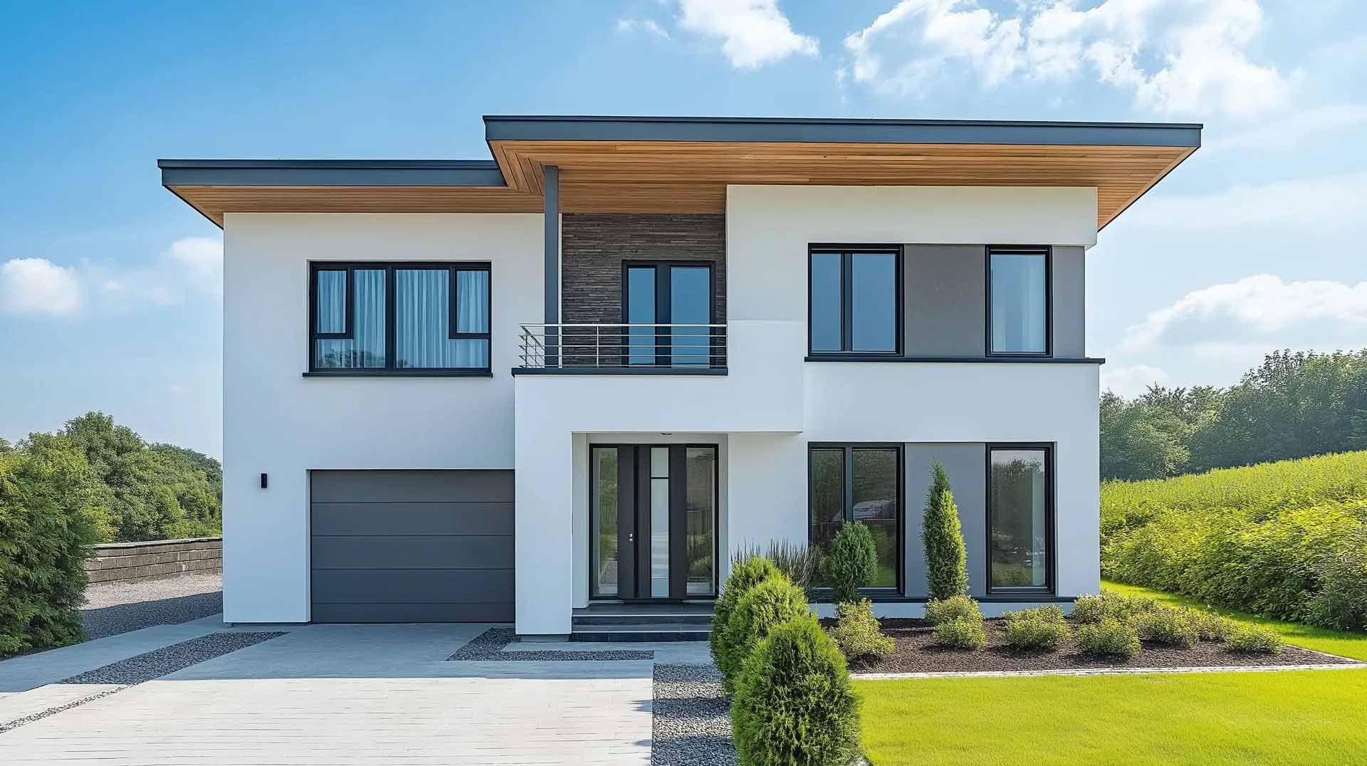 Maison moderne à deux étages avec façade blanche, garage gris et pelouse bien entretenue sous un ciel bleu.