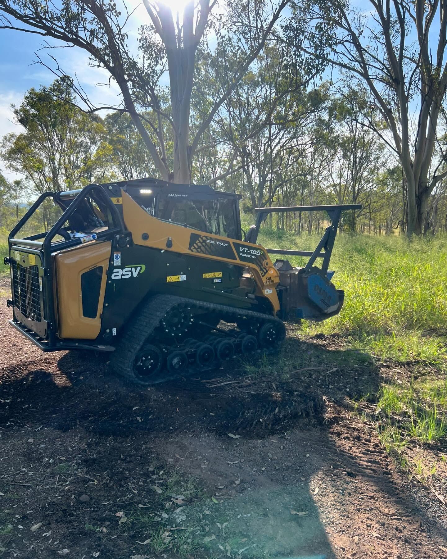 Yellow and Black ASV Compact Track Loader Clearing Brush in a Grassy Field — Dudgeon’s Earthworks in Murgon, QLD